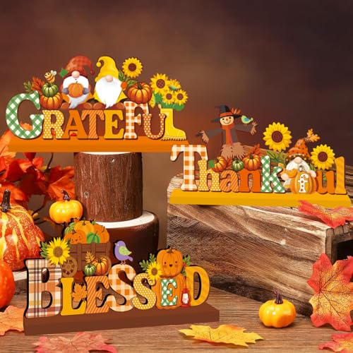 Fall Pumpkin Wooden Centerpieces Set for Thanksgiving Home Decor 3pcs