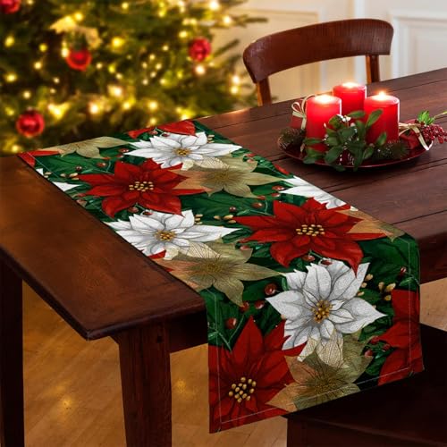 Christmas Poinsettia Table Runner 13x48 Inch Burlap Holiday Decor for Home & Kitchen
