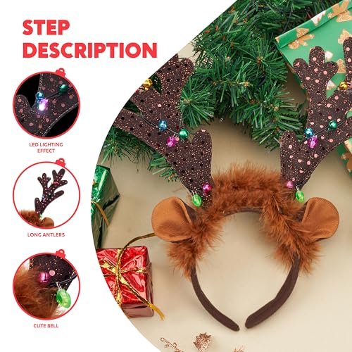 Christmas Light Up Reindeer Headband Set - Cute Holiday Party Favor for Adults & Kids (4 Pack)