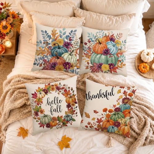 DTDO Pumpkin Floral Fall Throw Pillow Covers 18x18 Set of 4 for Bedroom & Home Decor