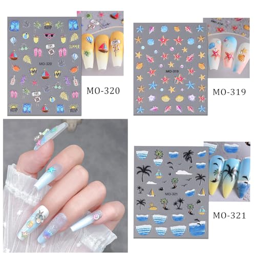 Summer Beach 3D Self-Adhesive Nail Stickers - Ocean Art Decals 3 Sheets