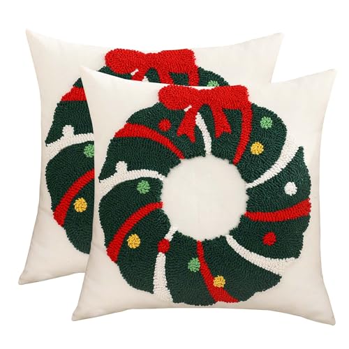 Christmas Throw Pillow Covers 18x18 Set of 2 - Garland with Bow Design