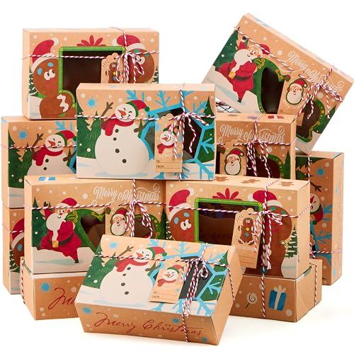 12 Pack Christmas Cookie Gift Boxes with Window - Festive Bakery Pastry Containers