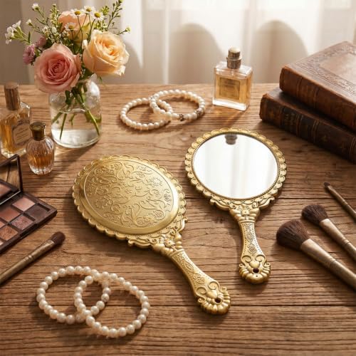 Vintage Hand Mirror with Handle - Retro Oval Embossed Golden Makeup Mirror