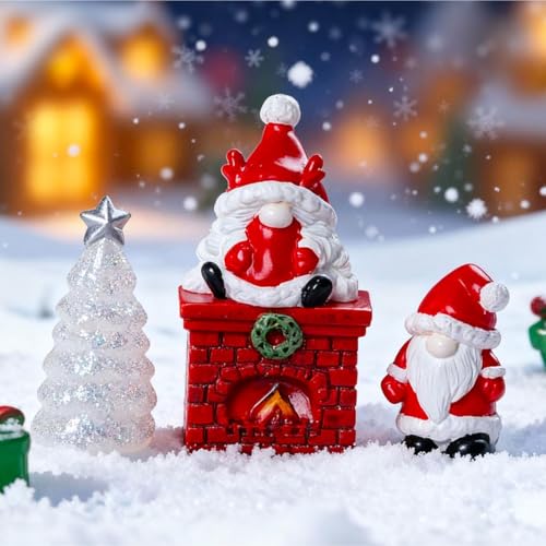 Set of 8 Mini Christmas Village Figurines - Santa, Snowman, Houses & Gnome Ornaments - Village Themed