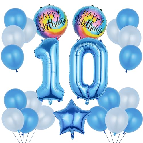 10th Birthday Balloon Decorations Set - 23 Pcs Blue Foil & Latex