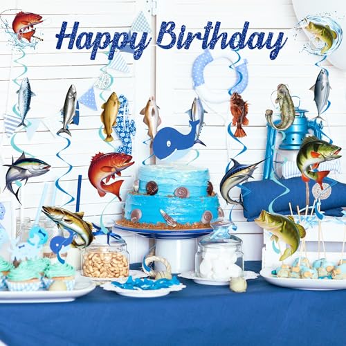 Fishing Themed Birthday Party Decoration Set - Banners and Hanging Swirls