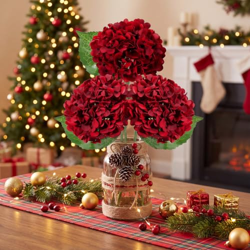 Artificial Hydrangea Flowers 3 Pack - Burgundy 17.7 Inch Christmas Decor