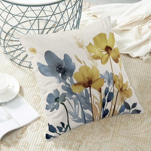 Vintage Floral Pillow Covers 20x20 Inch, Blue Yellow Linen Throw Pillows Set of 2