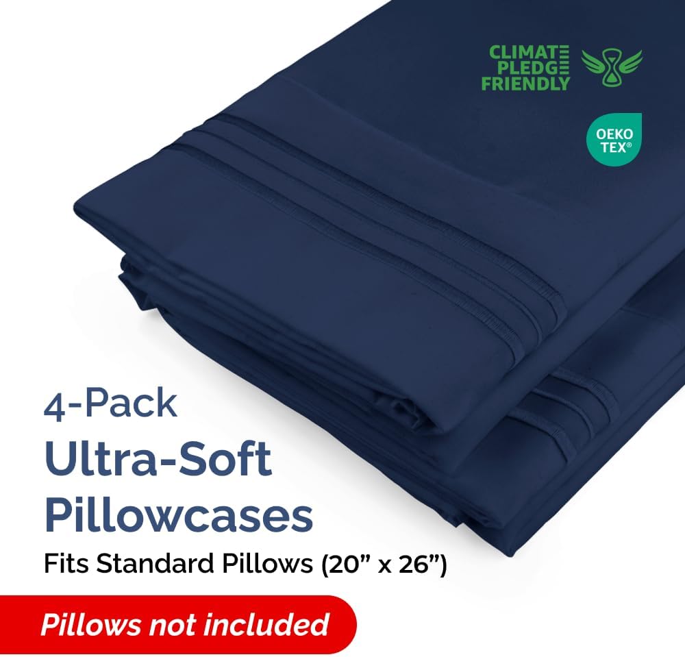 Skiennix Standard Pillow Cases Set of 4 - Ultra Soft Hotel Quality Covers - Navy Blue, Machine Washable