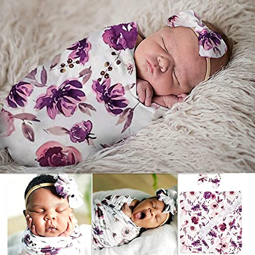 Purple Floral Newborn Swaddle Blanket and Matching Headband Set