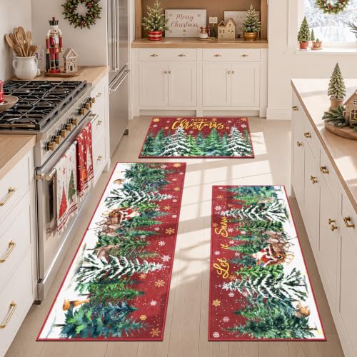 Christmas Washable Kitchen Rugs Set of 3 Non-Slip Backing 20x32/47/59 Inches