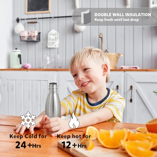 Volhoply 12oz Stainless Steel Insulated Water Bottle - Silver, BPA-Free, Double Wall, Keeps Cold 24H & Hot 12H for Kids