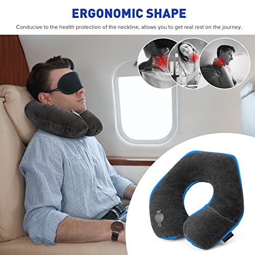 Rewondah Dark Grey U-Shaped Inflatable Travel Neck Pillow with Washable Velour Cover