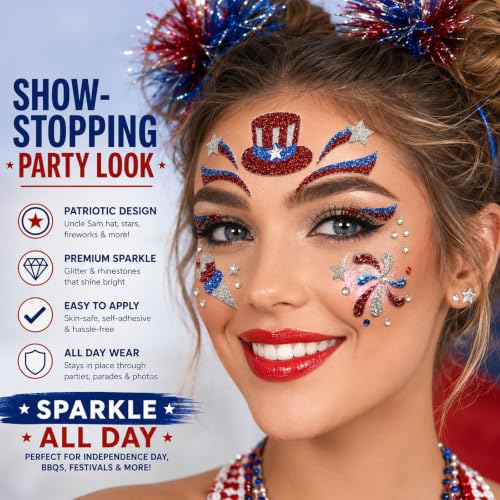 Patriotic Glitter Face Gems & USA Flag Temporary Tattoos (2 Pack)