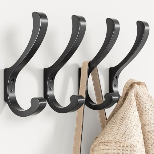 Heavy Duty Black Coat Hooks Wall Mount - 4 Pack, 35 LB Capacity
