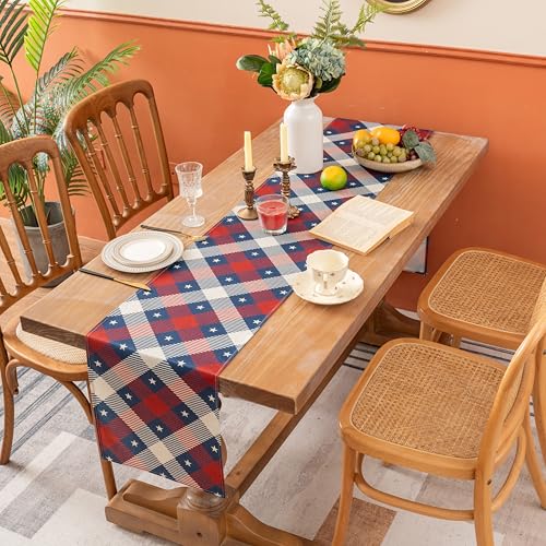 Patriotic 4th of July Table Runner 13x60 - Red Blue Buffalo Plaid