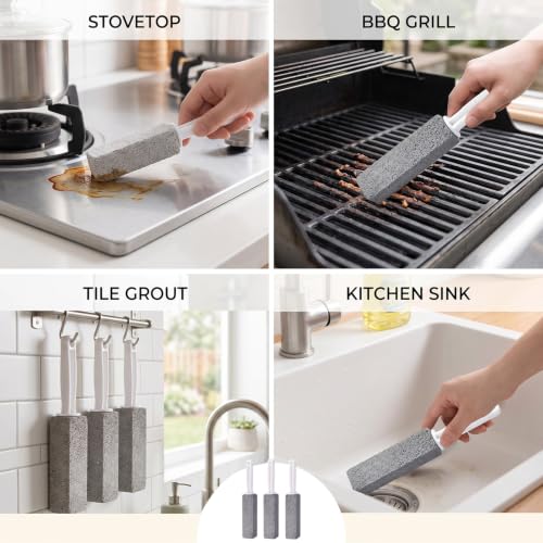 Pumice Stone with Extra Long Handle for Kitchen & Grill Cleaning - 3 Pack
