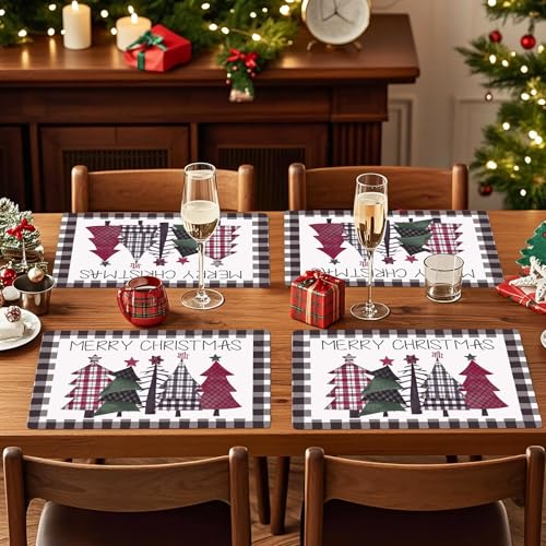 Disposable Christmas Tree Checkered Placemats Set - Black White Grid, 50 Sheets