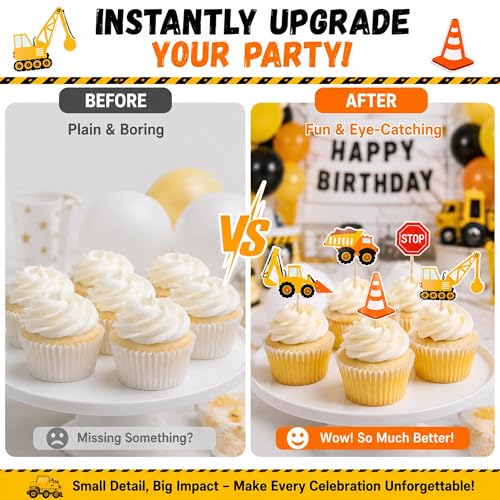 24 Pcs Construction Cupcake Toppers - Excavator & Truck Decorations