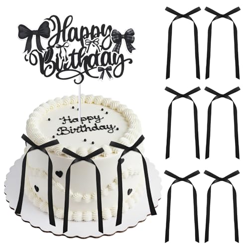 7 Black Bow Cake Toppers with Happy Birthday Insert for Parties