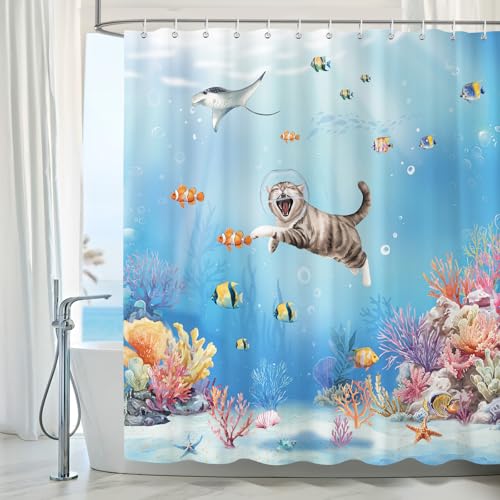 Dazzlewall Funny Ocean Cat Shower Curtain, 72x72 Inch Waterproof Polyester