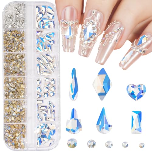 LIYMNQYJ Blue Moon Glass Nail Rhinestones Kit with Silver Beads and Gems