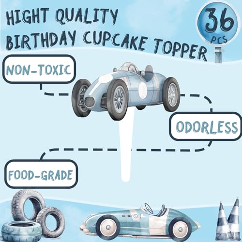 36 Pcs Race Car Cupcake Toppers - Pre-Assembled Birthday Cake Decorations