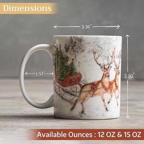 European Style Bone China Coffee Mug with Handles - 15 Ounce Christmas Reindeer Variation