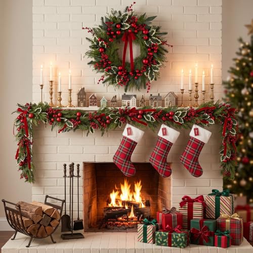 24 Inch Christmas Wreath with Artificial Eucalyptus & Red Bow for Front Door Holiday Decor - Variation of This Listing