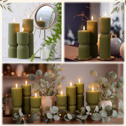 Flameless Candles Set - Real Wax Olive Green Hourglass with Variation Hourglass Ribbed