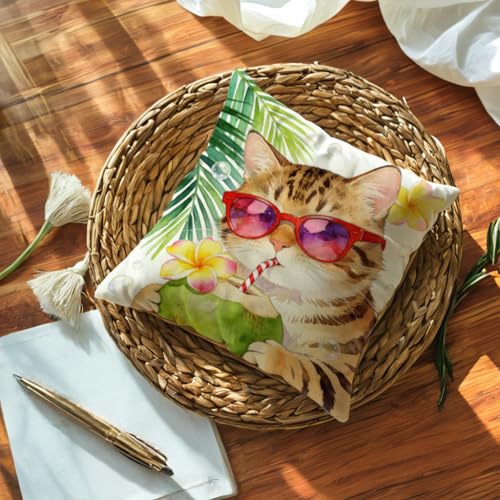 Summer Cat Throw Pillow Cover, Tropical Sunglasses Tabby, 18 x 18 Inch