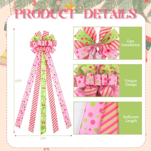 Large Christmas Tree Topper Bow - Pink, Yellow Green Polka Dot Ribbons, 45x13 Inch