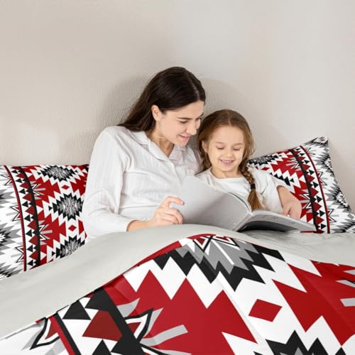 Jejeloiu Boho Kids Full Bedding Set Aztec Design Dark Gray Red 3-Piece