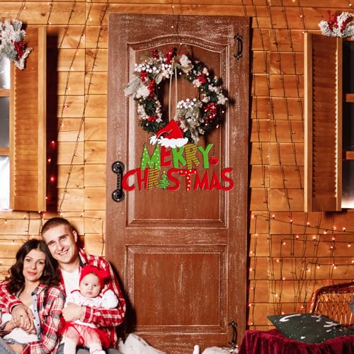 Christmas Front Door Sign Merry Christmas Wood Hanging Decor Red Green Holiday Wall Sign