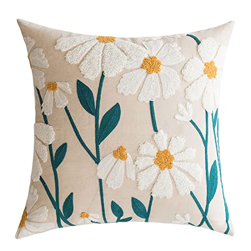 Boho Floral Tufted Throw Pillow Cover 18"x18" - Cotton Cushion for Sofa & Bed (Flower E)