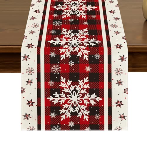 Winter Snowflakes Buffalo Plaid Table Runner 13x72 Inch - Style A Holiday Decor