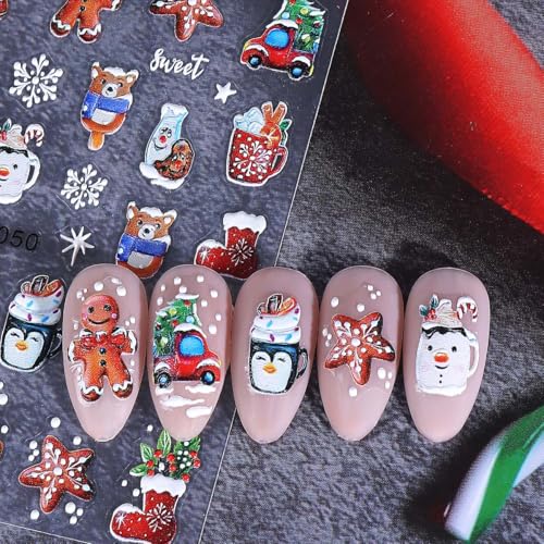 SWEET TREND 3D Christmas Nail Art Stickers - 4 Sheets Embossed Holiday Decals