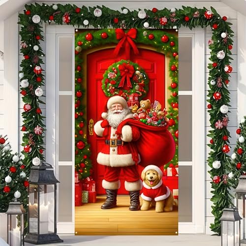 Christmas Door Cover Santa Dog Holiday Yard Banner 35x71 Inches