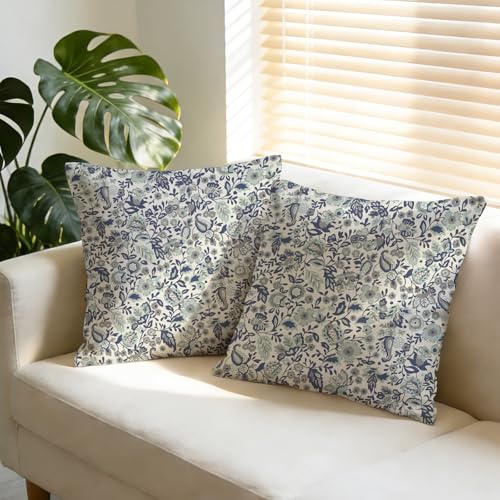 Fjfz 18x18 Inch Blue Floral Boho Throw Pillow Covers Pack of 2