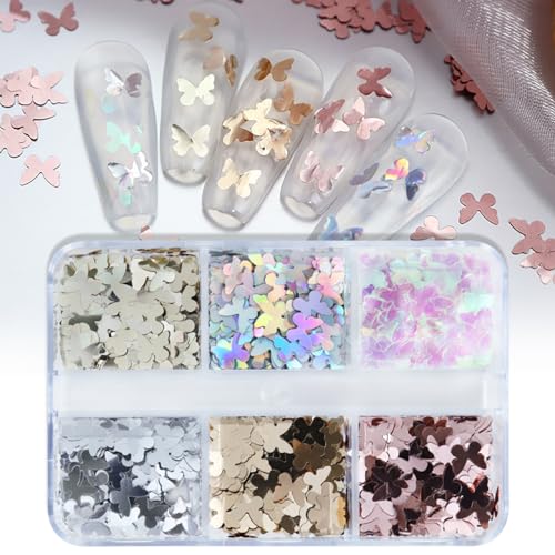 6-Grid Holographic Butterfly Nail Glitter Sequins for Acrylic Nail Art