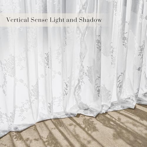 NICETOWN Lace Sheer Curtains Christmas Decor 84 Inches Long for Bedroom, Shabby Chic Rose Flora Semi White Sheer Curtains for Living Room French Door, 1 Pair, Rod Pocket, 52 x 84 Inch, Ivory White