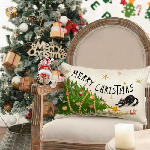 RABUSOFA Christmas Pillow Covers 12x20 Inch Merry Tree Black Cat
