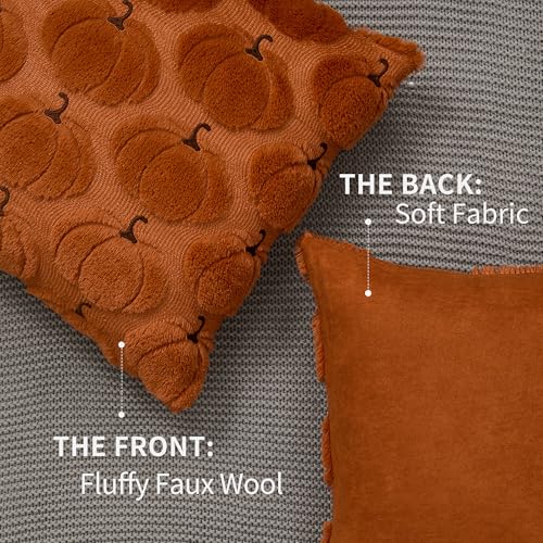 Pumpkin Faux Fur Pillow Covers - Set of 2, 18x18 Fall Decor