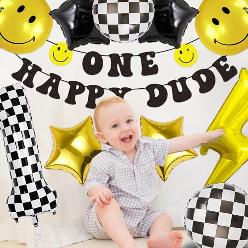 24 Pcs One Happy Dude Birthday Balloon Kit - Modern Black, Gold & Checkered Party Decorations