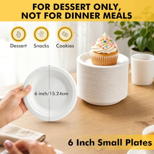 RACETOP 6-Inch Compostable Paper Dessert Plates - 100 Pack Sugarcane Fiber