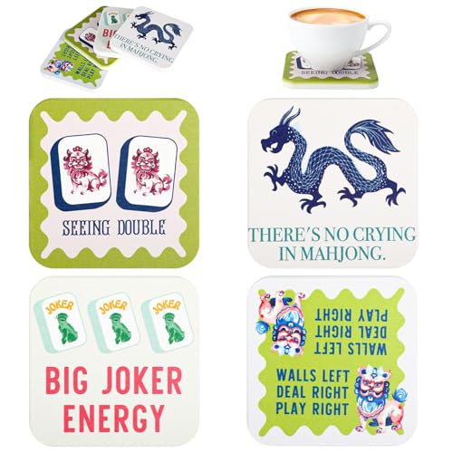 4-Pack Mahjong Coaster Set - Colorful Drink Coasters for Game Night
