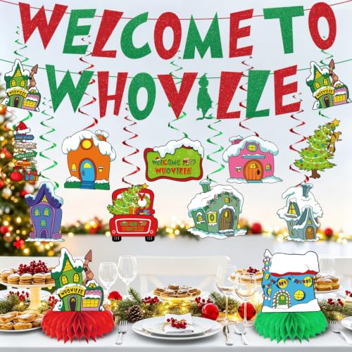 Christmas Banner Set with Snow Village & Holiday Decor - Red & Green