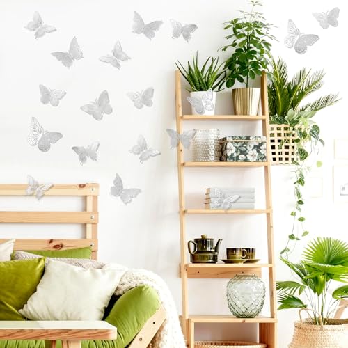 48 Pcs Silver 3D Butterfly Wall Decor Stickers for Crafts and Cake Toppers