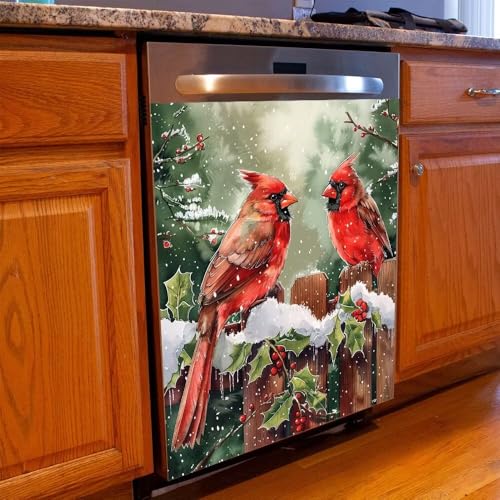 Winter Snow Red Bird Dishwasher Magnet Cover - 23x26 Inches, Magnetic Vinyl Wrap